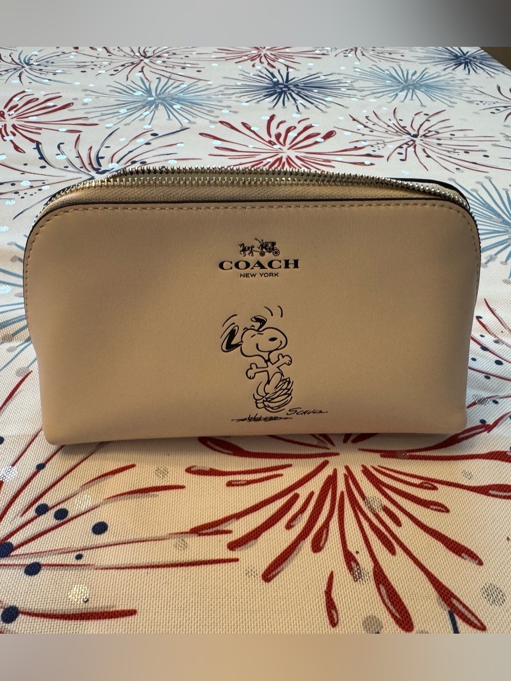 Coach Cream Leather Snoopy Cosmetic Pouch
